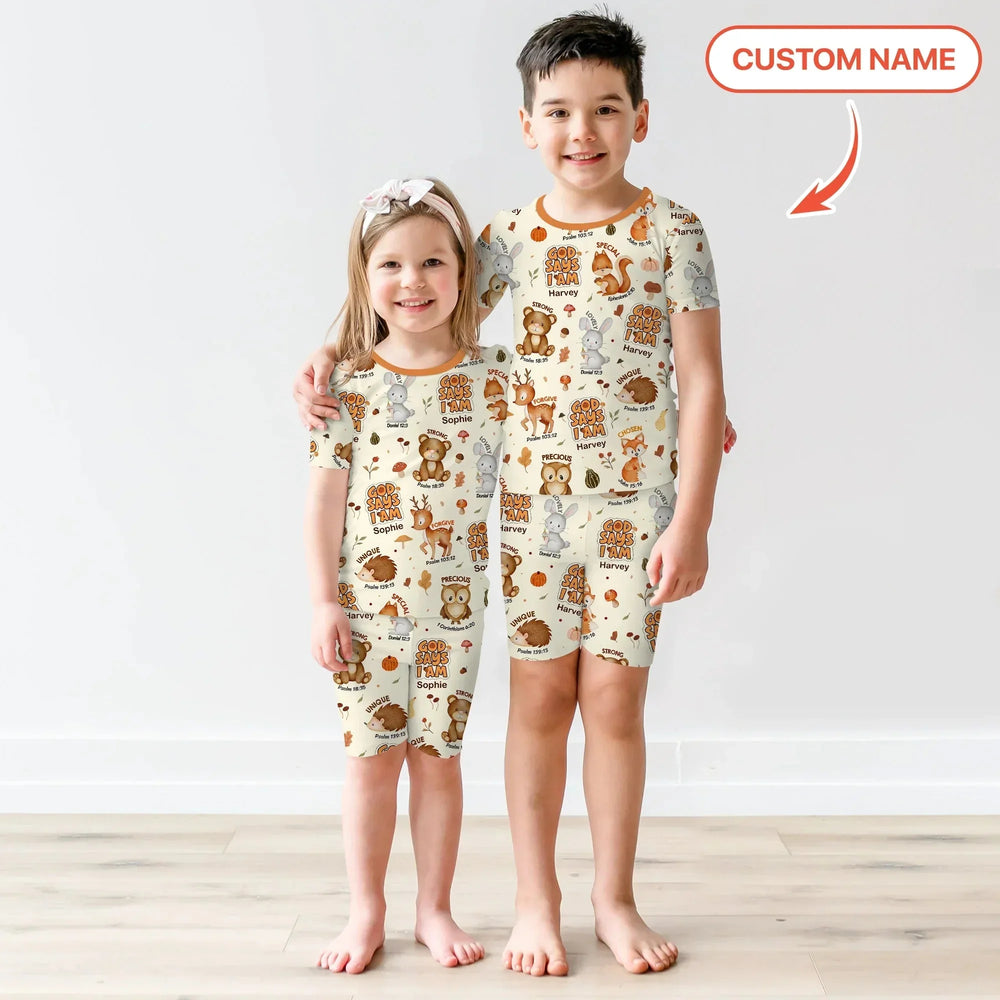 God Says I Am Autumn Faith Custom Name Two Piece Short Sleeve Shorts Pajama Set , God Says I Am Autumn Faith Custom Name Two Piece Short Sleeve Shorts Pajama Set - 12-18M