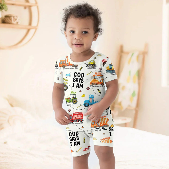 God Says I Am Boy Two Piece Short Sleeve Shorts Pajama Set , God Says I Am Boy Two Piece Short Sleeve Shorts Pajama Set - 12-18M / White