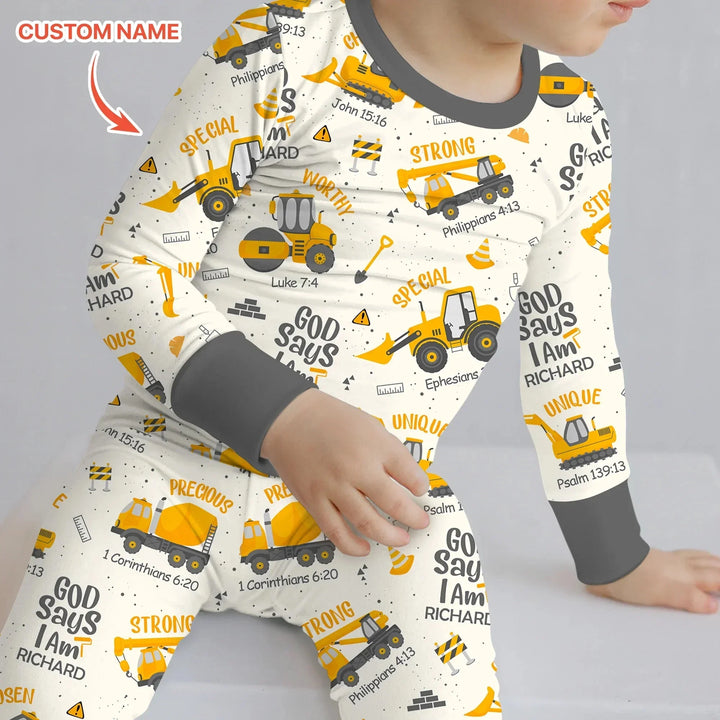 God Says I Am Custom Name Boy Two Piece Long Sleeve Pajama Set , God Says I Am Custom Name Boy Two Piece Long Sleeve Pajama Set - 12-18M