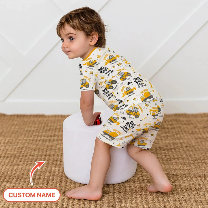 God Says I Am Custom Name Boy Two Piece Short Sleeve Shorts Pajama Set , God Says I Am Custom Name Boy Two Piece Short Sleeve Shorts Pajama Set - 12-18M