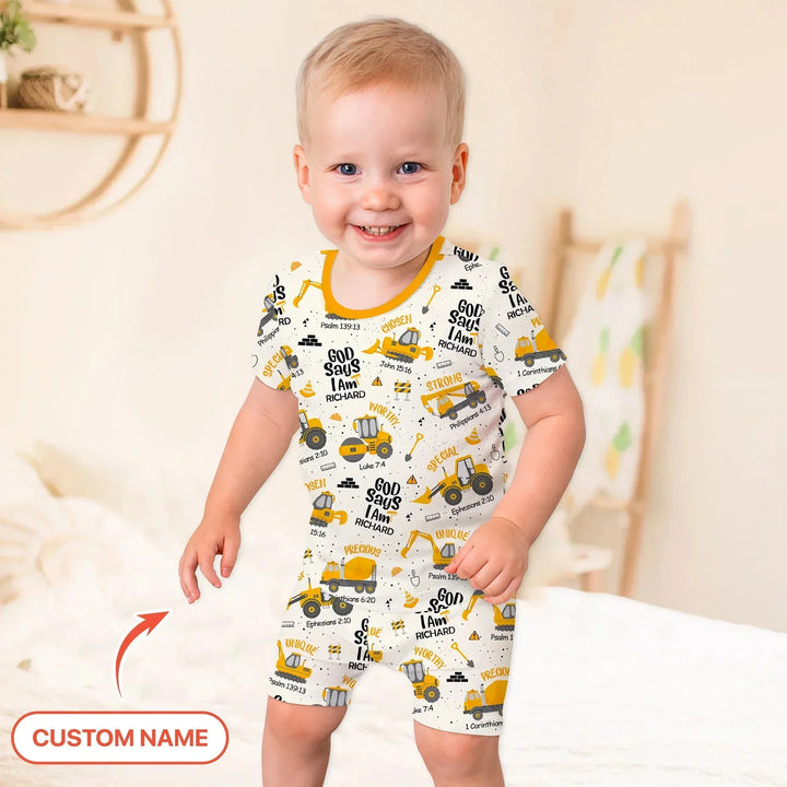 God Says I Am Custom Name Boy Two Piece Short Sleeve Shorts Pajama Set , God Says I Am Custom Name Boy Two Piece Short Sleeve Shorts Pajama Set - 12-18M