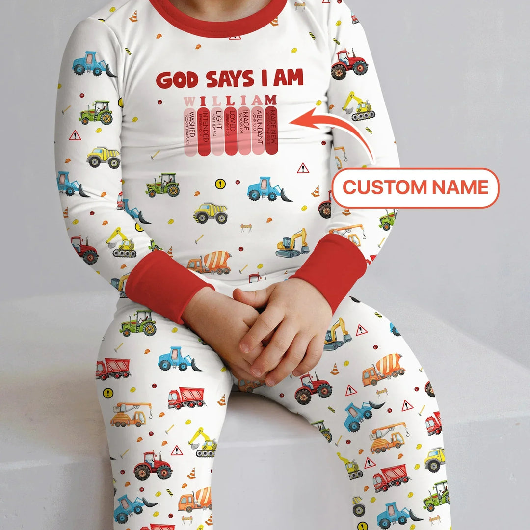 God Says I Am Custom Name Construction Two Piece Long Sleeve Pajama Set , God Says I Am Custom Name Construction Two Piece Long Sleeve Pajama Set - 12-18M