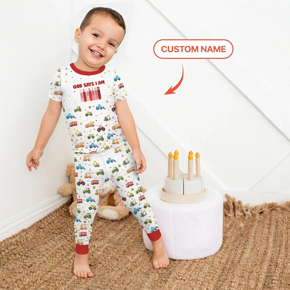 God Says I Am Custom Name Construction Two Piece Short Sleeve Pajama Set , God Says I Am Custom Name Construction Two Piece Short Sleeve Pajama Set - 12-18M