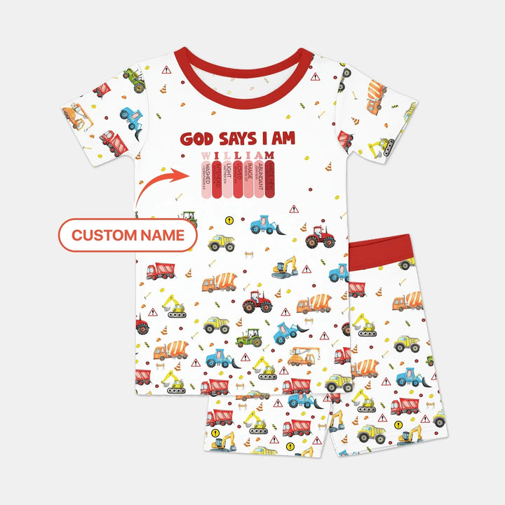 God Says I Am Custom Name Construction Two Piece Short Sleeve Shorts Pajama Set , God Says I Am Custom Name Construction Two Piece Short Sleeve Shorts Pajama Set - 12-18M