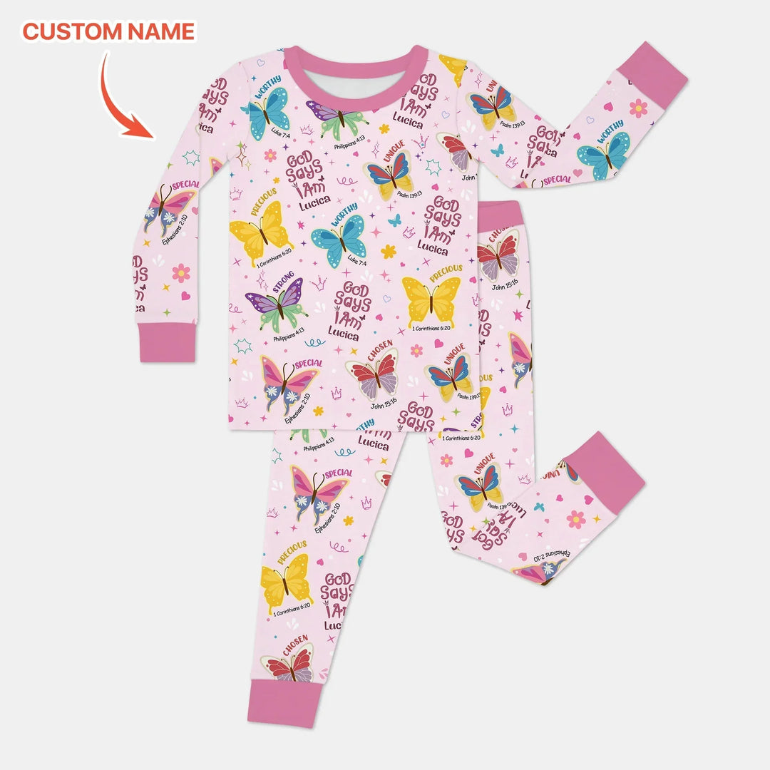 God Says I Am Custom Name Girl Two Piece Long Sleeve Pajama Set , God Says I Am Custom Name Girl Two Piece Long Sleeve Pajama Set - 12-18M