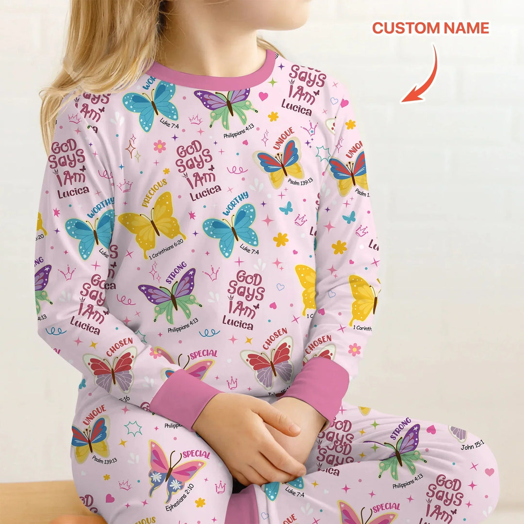 God Says I Am Custom Name Girl Two Piece Long Sleeve Pajama Set , God Says I Am Custom Name Girl Two Piece Long Sleeve Pajama Set - 12-18M