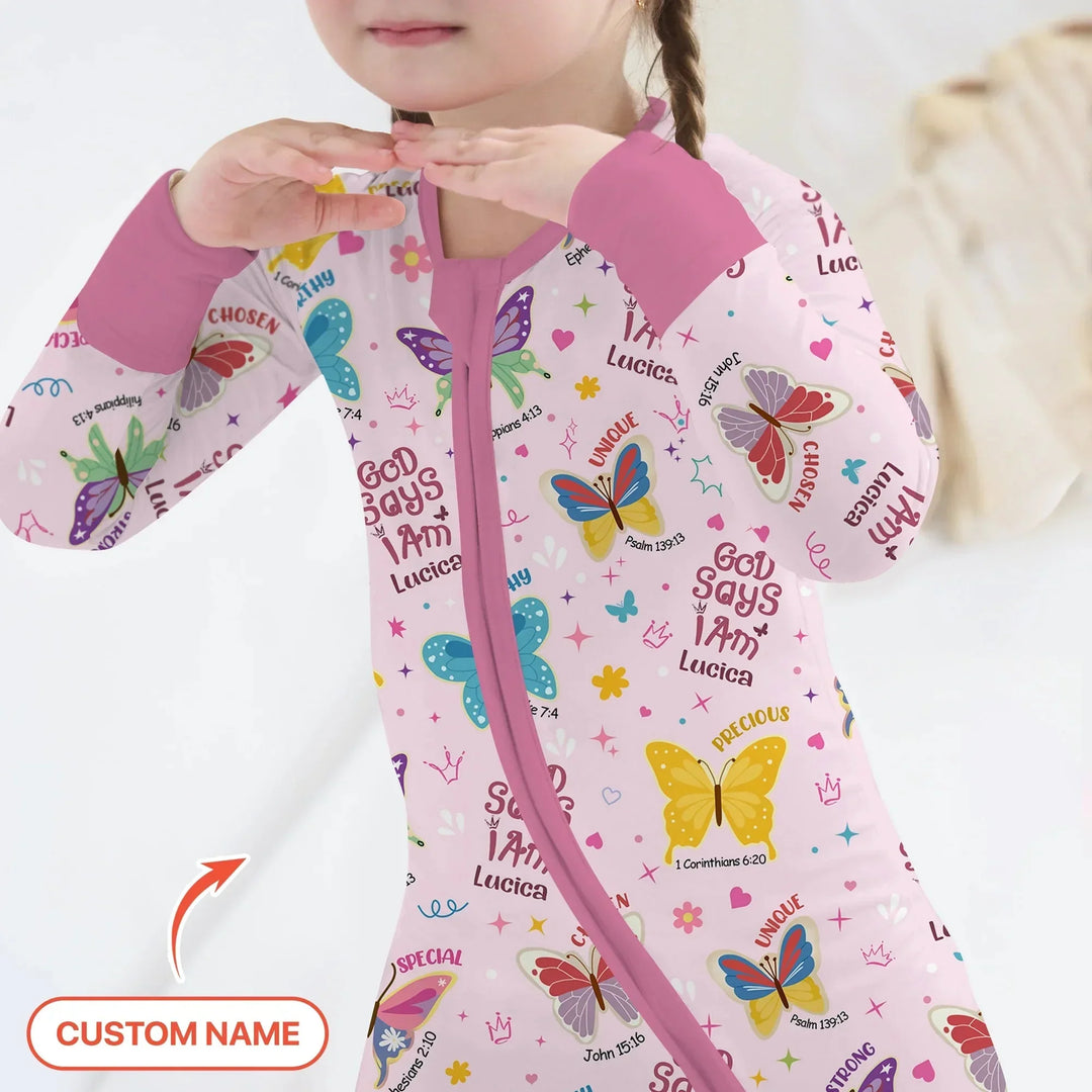 God Says I Am Custom Name Girl Two Piece Long Sleeve Pajama Set , God Says I Am Custom Name Girl Two Piece Long Sleeve Pajama Set - 12-18M