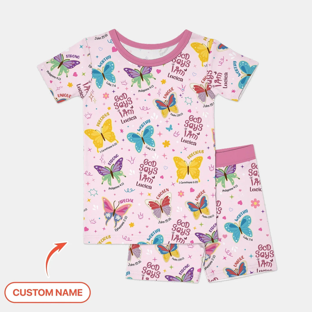 God Says I Am Custom Name Girl Two Piece Short Sleeve Short Pajama Set , God Says I Am Custom Name Girl Two Piece Short Sleeve Short Pajama Set - 12-18M