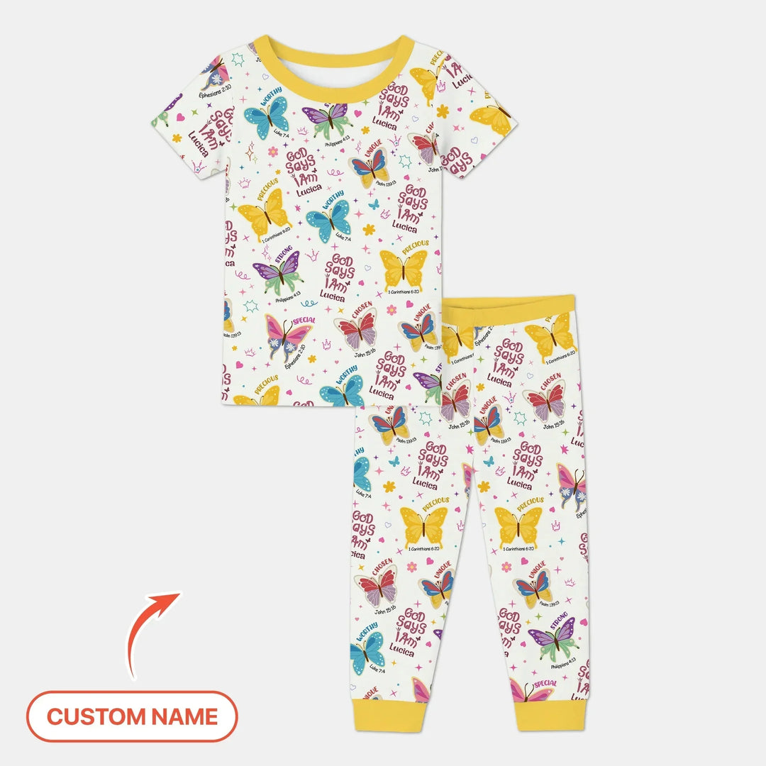God Says I Am Custom Name GirlTwo Piece Short Sleeve Pajama Set , God Says I Am Custom Name GirlTwo Piece Short Sleeve Pajama Set - 12-18M