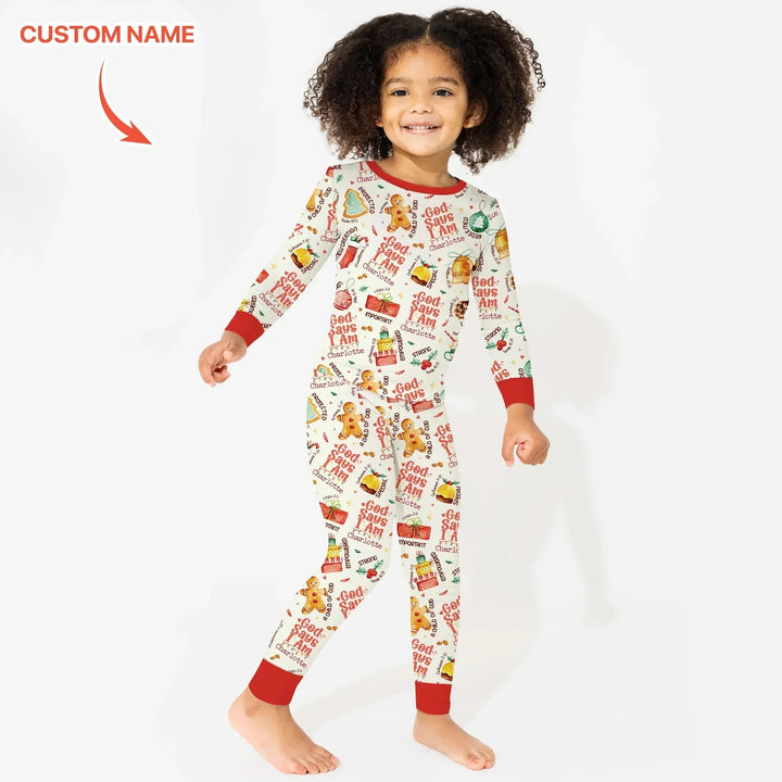 God Says I Am Custom Name Joyful Christmas Two Piece Long Sleeve Pajama Set , God Says I Am Custom Name Joyful Christmas Two Piece Long Sleeve Pajama Set - 12-18M