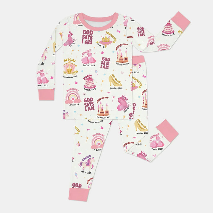 God Says I Am Girl Two Piece Long Sleeve Pajama Set , God Says I Am Girl Two Piece Long Sleeve Pajama Set - 12-18M / White/Pink