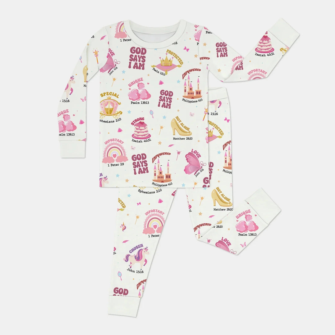 God Says I Am Girl Two Piece Long Sleeve Pajama Set , God Says I Am Girl Two Piece Long Sleeve Pajama Set - 12-18M / White