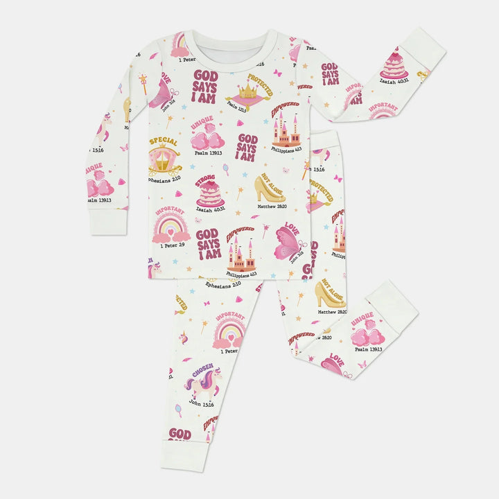 God Says I Am Girl Two Piece Long Sleeve Pajama Set , God Says I Am Girl Two Piece Long Sleeve Pajama Set - 12-18M / White