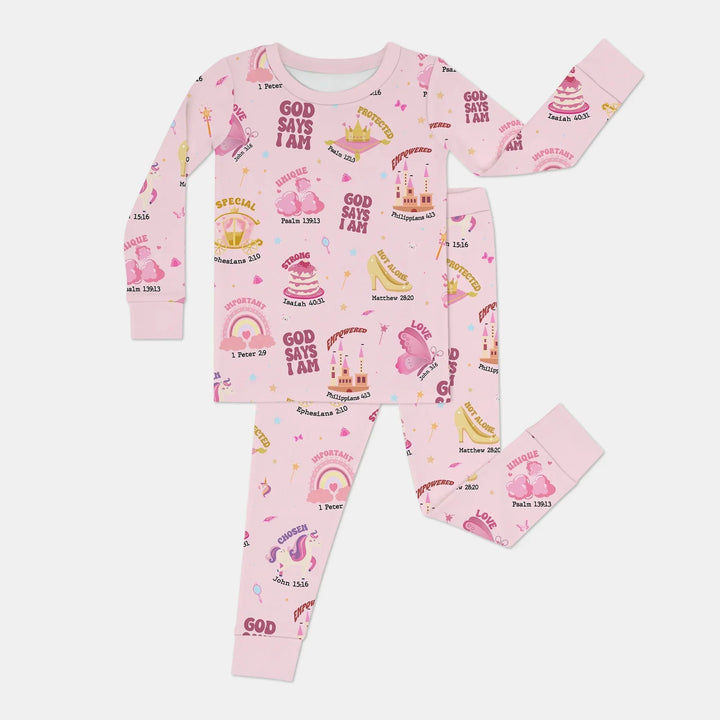 God Says I Am Girl Two Piece Long Sleeve Pajama Set , God Says I Am Girl Two Piece Long Sleeve Pajama Set - 12-18M / Pink