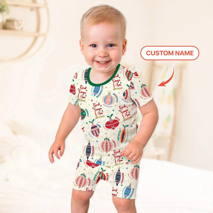 God Says I Am Joyful Christmas Two Piece Short Sleeve Shorts Pajama Set , God Says I Am Joyful Christmas Two Piece Short Sleeve Shorts Pajama Set - 12-18M