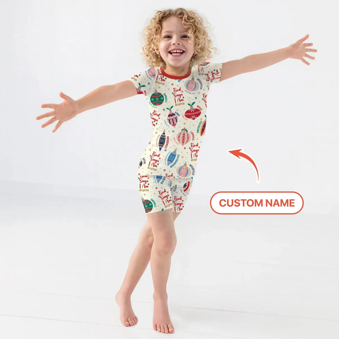 God Says I Am Joyful Christmas Two Piece Short Sleeve Shorts Pajama Set , God Says I Am Joyful Christmas Two Piece Short Sleeve Shorts Pajama Set - 12-18M