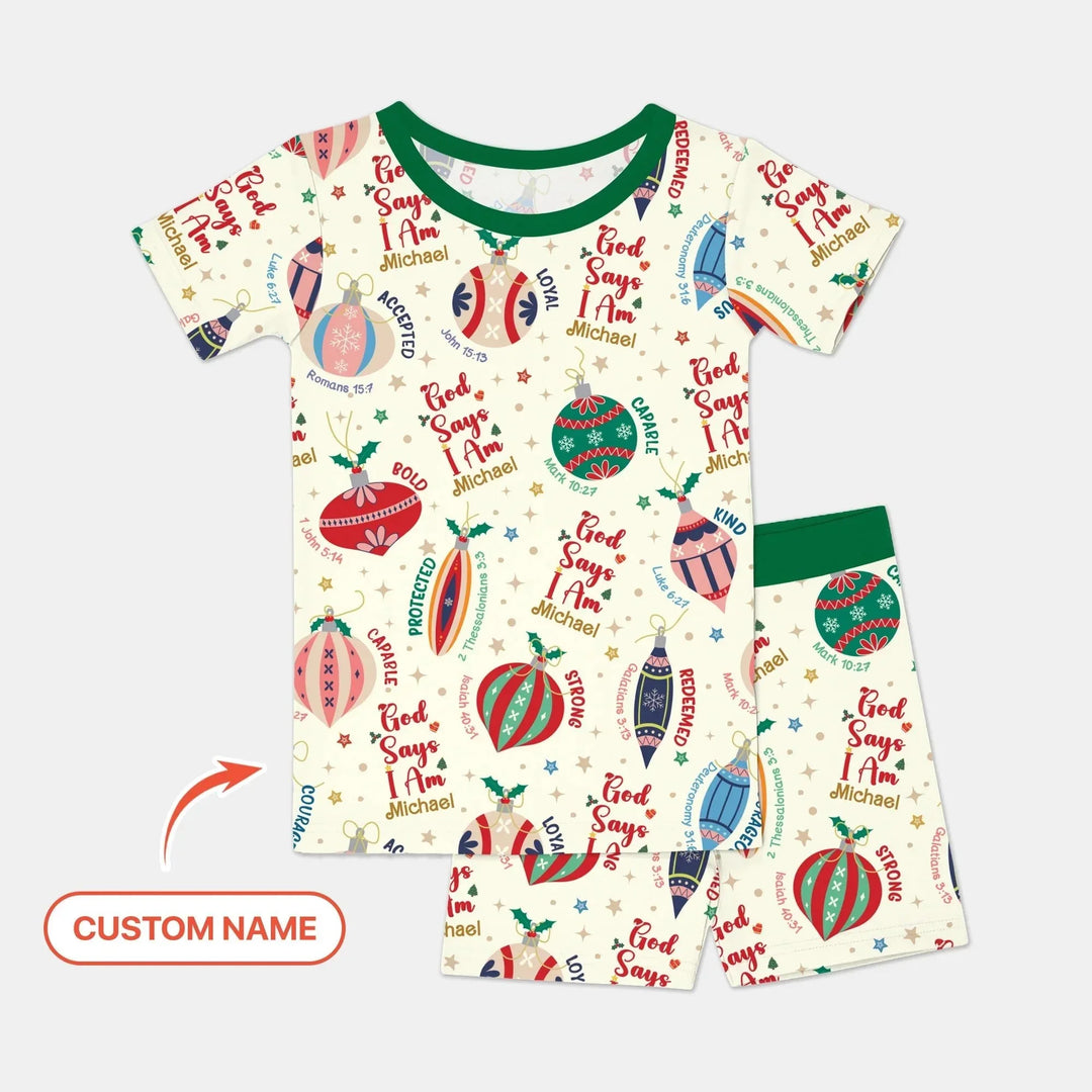 God Says I Am Joyful Christmas Two Piece Short Sleeve Shorts Pajama Set , God Says I Am Joyful Christmas Two Piece Short Sleeve Shorts Pajama Set - 12-18M