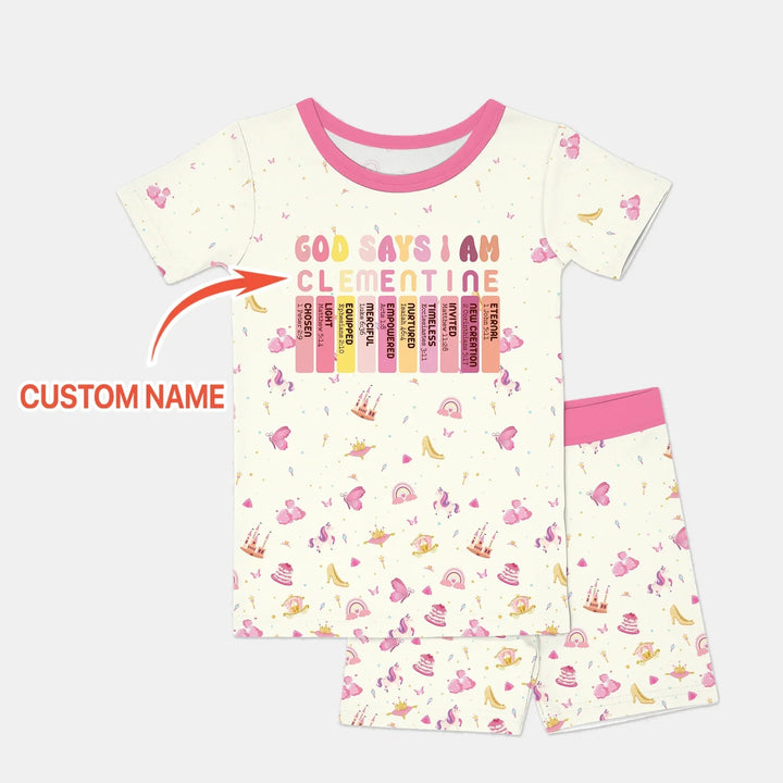 God Says I Am Name Letter In Bible Two Piece Short Sleeve Shorts Pajama Set , God Says I Am Name Letter In Bible Two Piece Short Sleeve Shorts Pajama Set - 12-18M