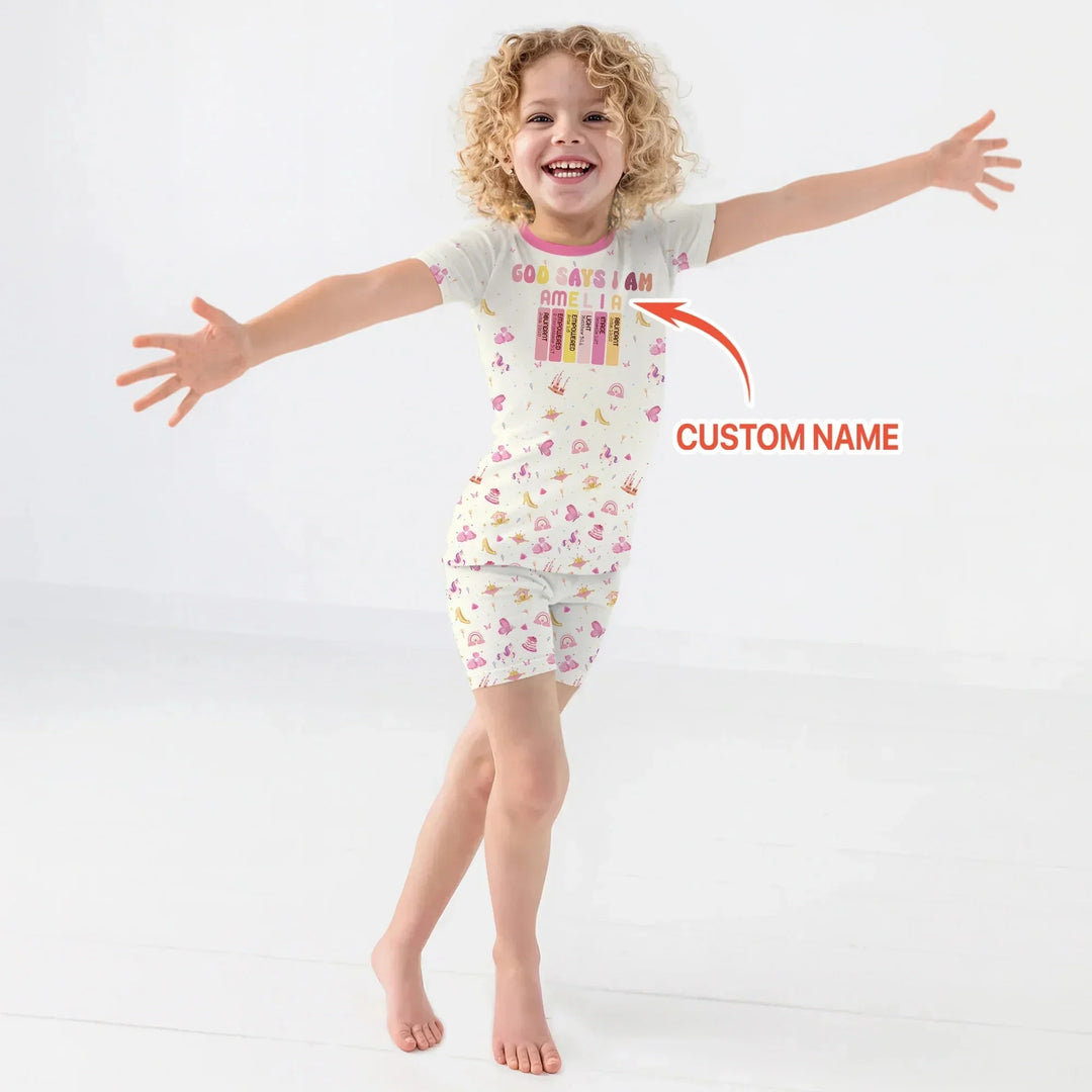 God Says I Am Name Letter In Bible Two Piece Short Sleeve Shorts Pajama Set , God Says I Am Name Letter In Bible Two Piece Short Sleeve Shorts Pajama Set - 12-18M