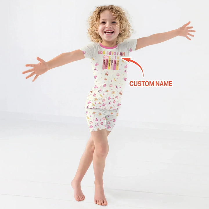 God Says I Am Name Letter In Bible Two Piece Short Sleeve Shorts Pajama Set , God Says I Am Name Letter In Bible Two Piece Short Sleeve Shorts Pajama Set - 12-18M