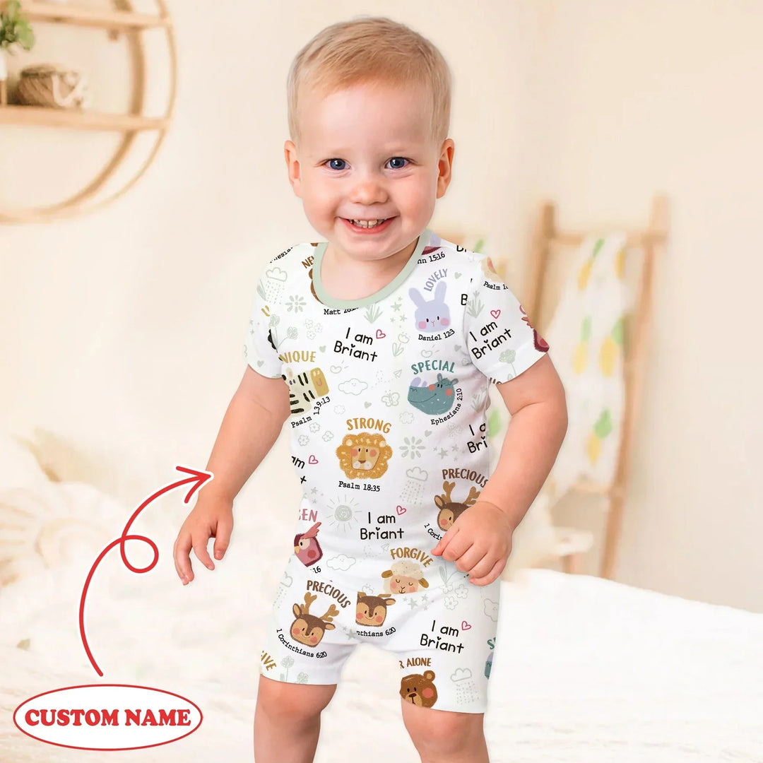 God’s Little Zoo Custom Name Two Piece Short Sleeve Shorts Pajama Set , God’s Little Zoo Custom Name Two Piece Short Sleeve Shorts Pajama Set - 12-18M