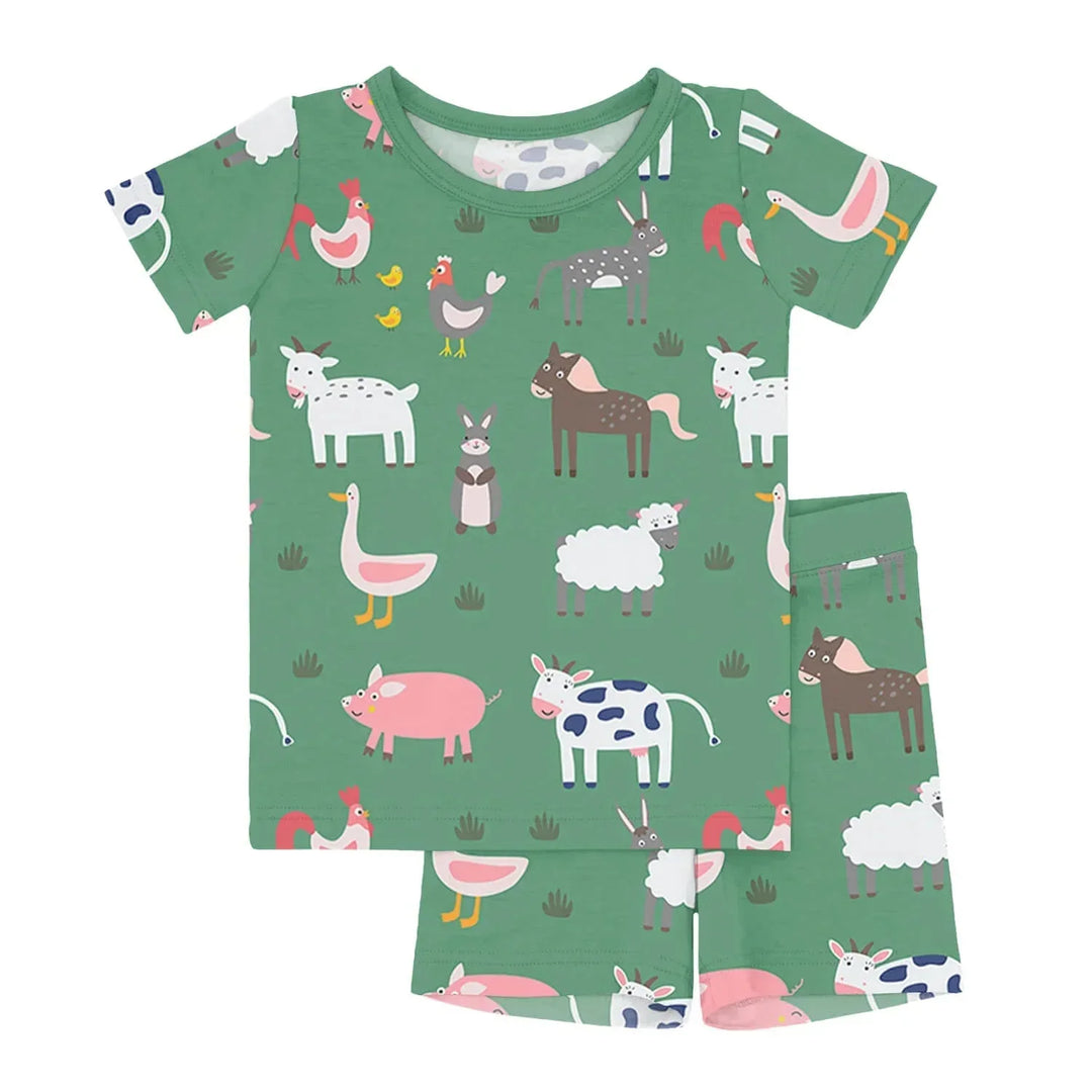 Green Farm Animals Two Piece Short Sleeve Shorts Pajama Set , Green Farm Animals Two Piece Short Sleeve Shorts Pajama Set - 12-18M