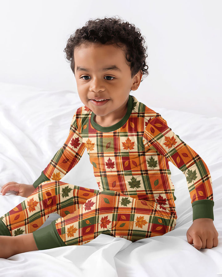 Maple Leaf Fall Vintage Plaid Bamboo Two Piece Long Sleeve Pajama Set
