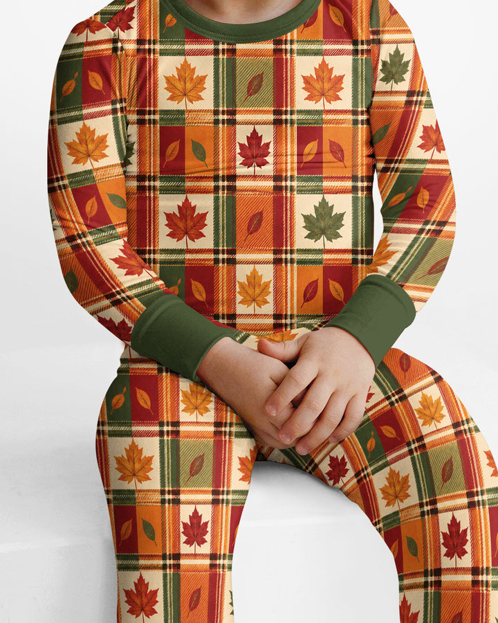 Maple Leaf Fall Vintage Plaid Bamboo Two Piece Long Sleeve Pajama Set