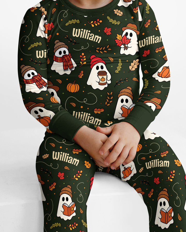 Cute Pumpkin Fall Ghost Boo Bamboo Two Piece Long Sleeve Pajama Set
