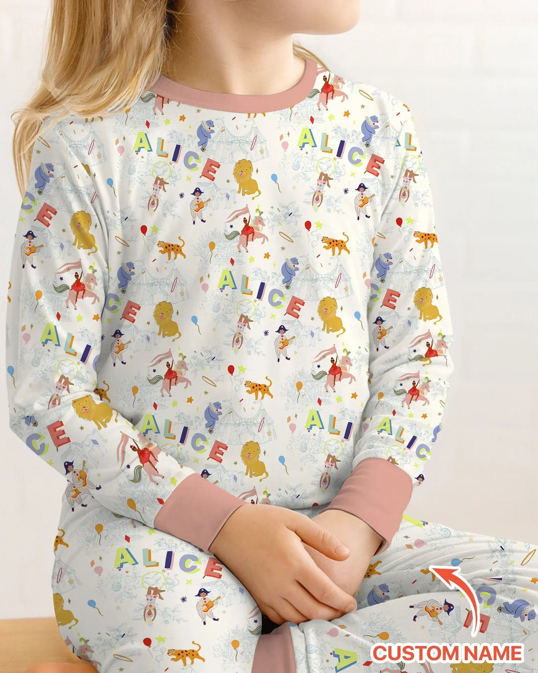 Custom Name Circus Toile Bamboo Two Piece Long Sleeve Pajama Set