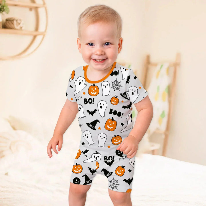 Halloween Boo & Pumpkin Glow In The Dark Two Piece Short Sleeve Shorts Pajama Set , Halloween Boo & Pumpkin Glow In The Dark Two Piece Short Sleeve Shorts Pajama Set - 12-18M