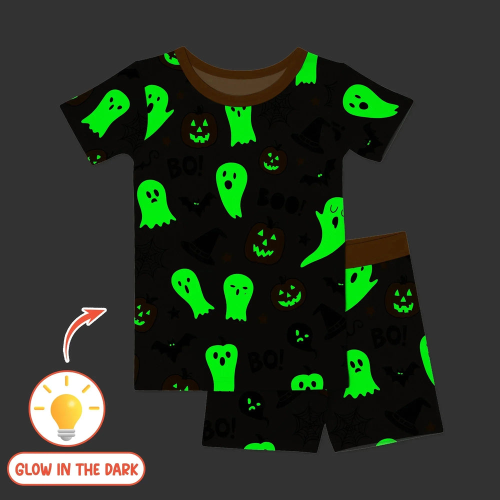 Halloween Boo & Pumpkin Glow In The Dark Two Piece Short Sleeve Shorts Pajama Set , Halloween Boo & Pumpkin Glow In The Dark Two Piece Short Sleeve Shorts Pajama Set - 12-18M