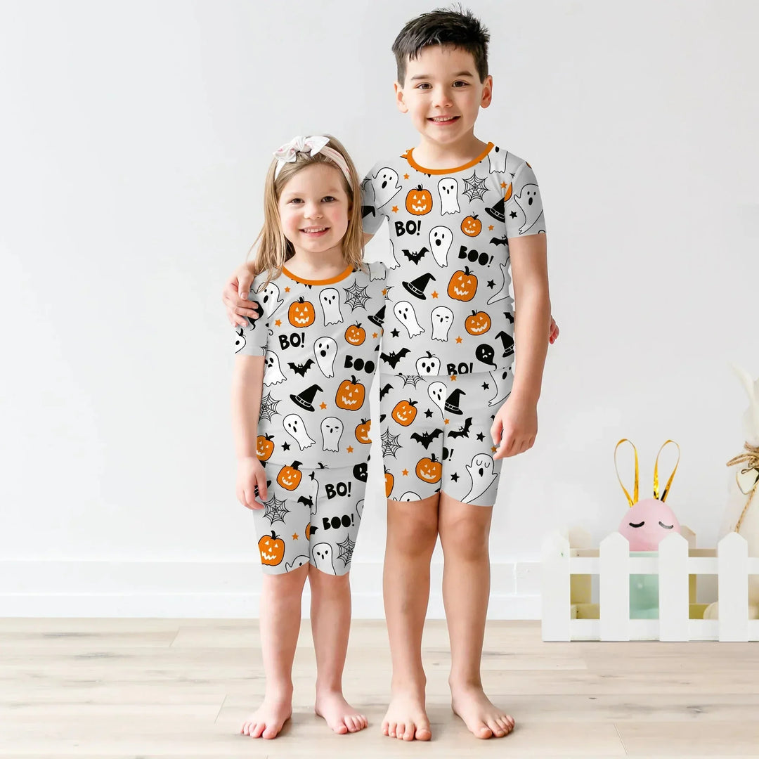 Halloween Boo & Pumpkin Glow In The Dark Two Piece Short Sleeve Shorts Pajama Set , Halloween Boo & Pumpkin Glow In The Dark Two Piece Short Sleeve Shorts Pajama Set - 12-18M