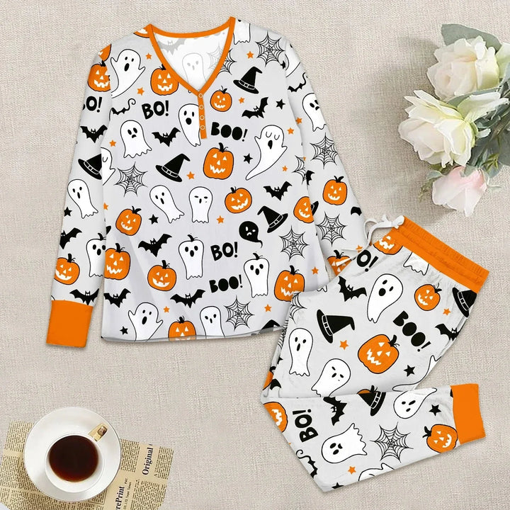 Halloween Boo & Pumpkin Glow In The Dark Women Pajama Set , Halloween Boo & Pumpkin Glow In The Dark Women Pajama Set - S