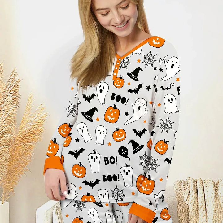 Halloween Boo & Pumpkin Glow In The Dark Women Pajama Set , Halloween Boo & Pumpkin Glow In The Dark Women Pajama Set - S