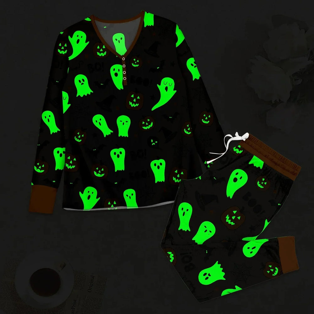 Halloween Boo & Pumpkin Glow In The Dark Women Pajama Set , Halloween Boo & Pumpkin Glow In The Dark Women Pajama Set - S