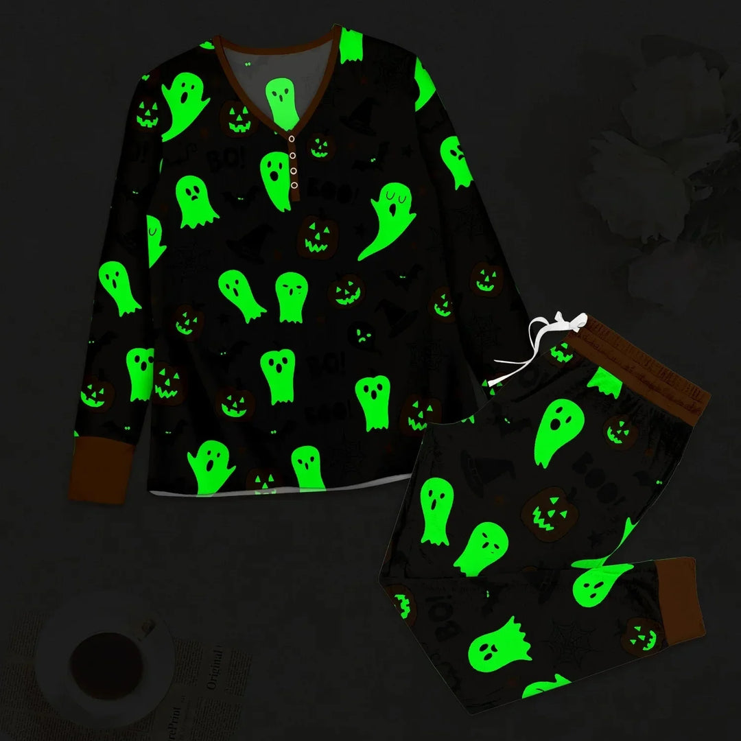 Halloween Boo & Pumpkin Glow In The Dark Women Pajama Set , Halloween Boo & Pumpkin Glow In The Dark Women Pajama Set - S