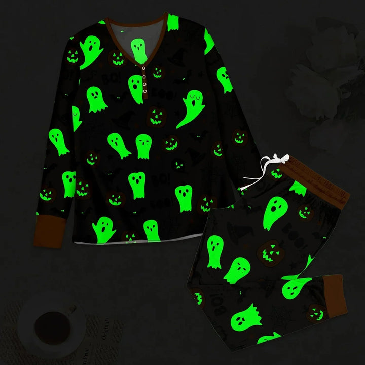 Halloween Boo & Pumpkin Glow In The Dark Women Pajama Set , Halloween Boo & Pumpkin Glow In The Dark Women Pajama Set - S