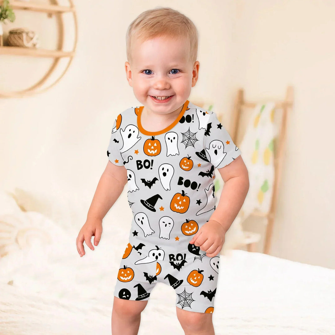 Halloween Boo & Pumpkin Two Piece Short Sleeve Shorts Pajama Set , Halloween Boo & Pumpkin Two Piece Short Sleeve Shorts Pajama Set - 12-18M