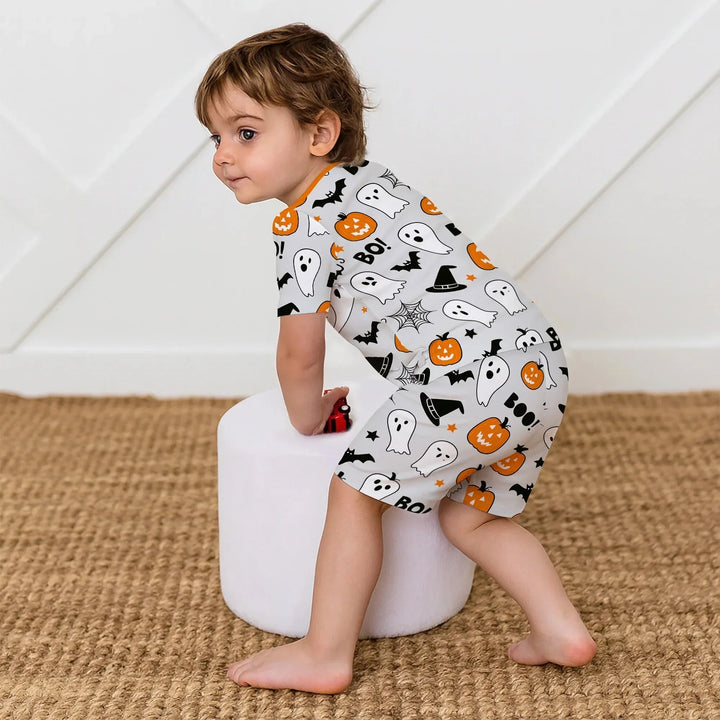 Halloween Boo & Pumpkin Two Piece Short Sleeve Shorts Pajama Set , Halloween Boo & Pumpkin Two Piece Short Sleeve Shorts Pajama Set - 12-18M