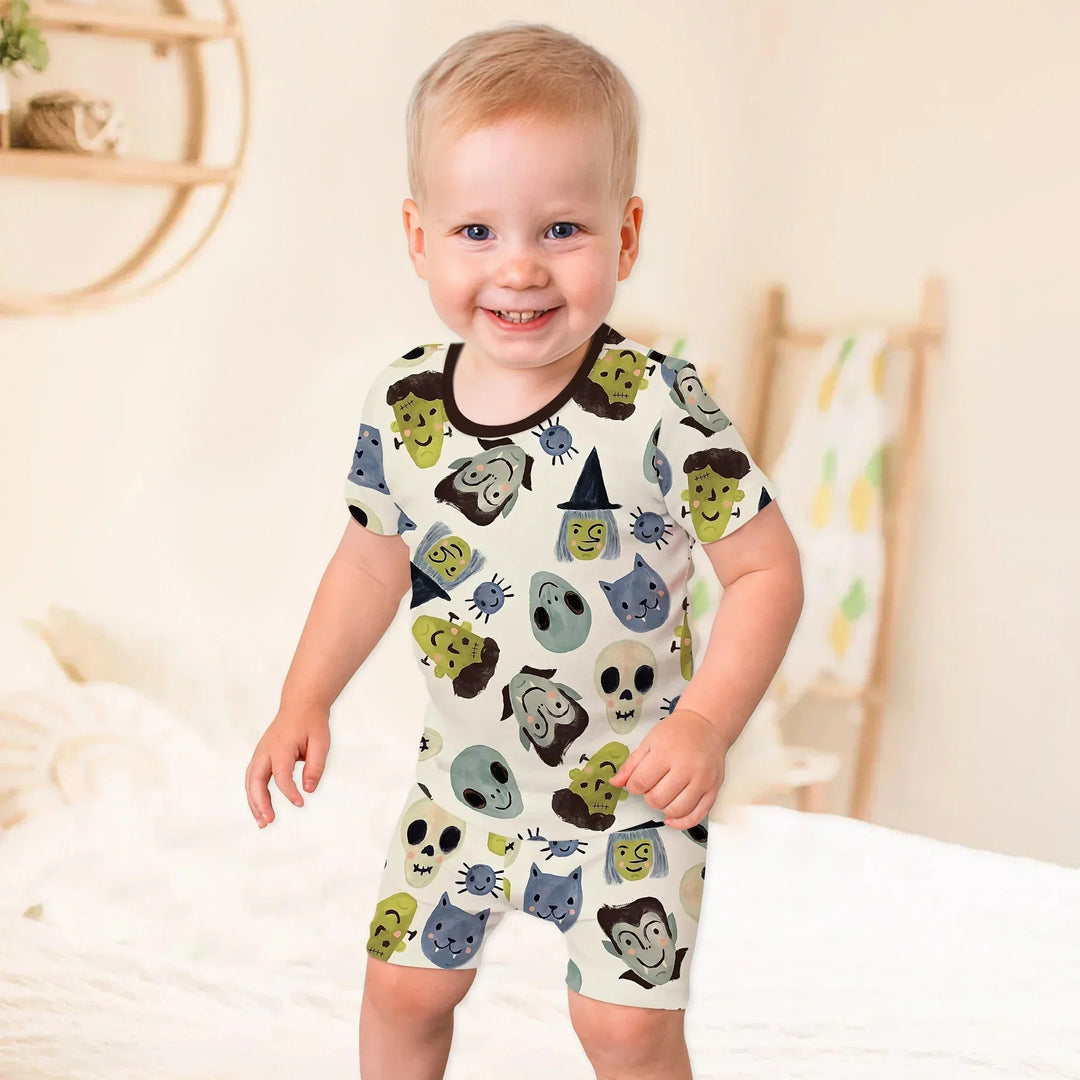 Halloween Face Two Piece Short Sleeve Shorts Pajama Set , Halloween Face Two Piece Short Sleeve Shorts Pajama Set - 12-18M