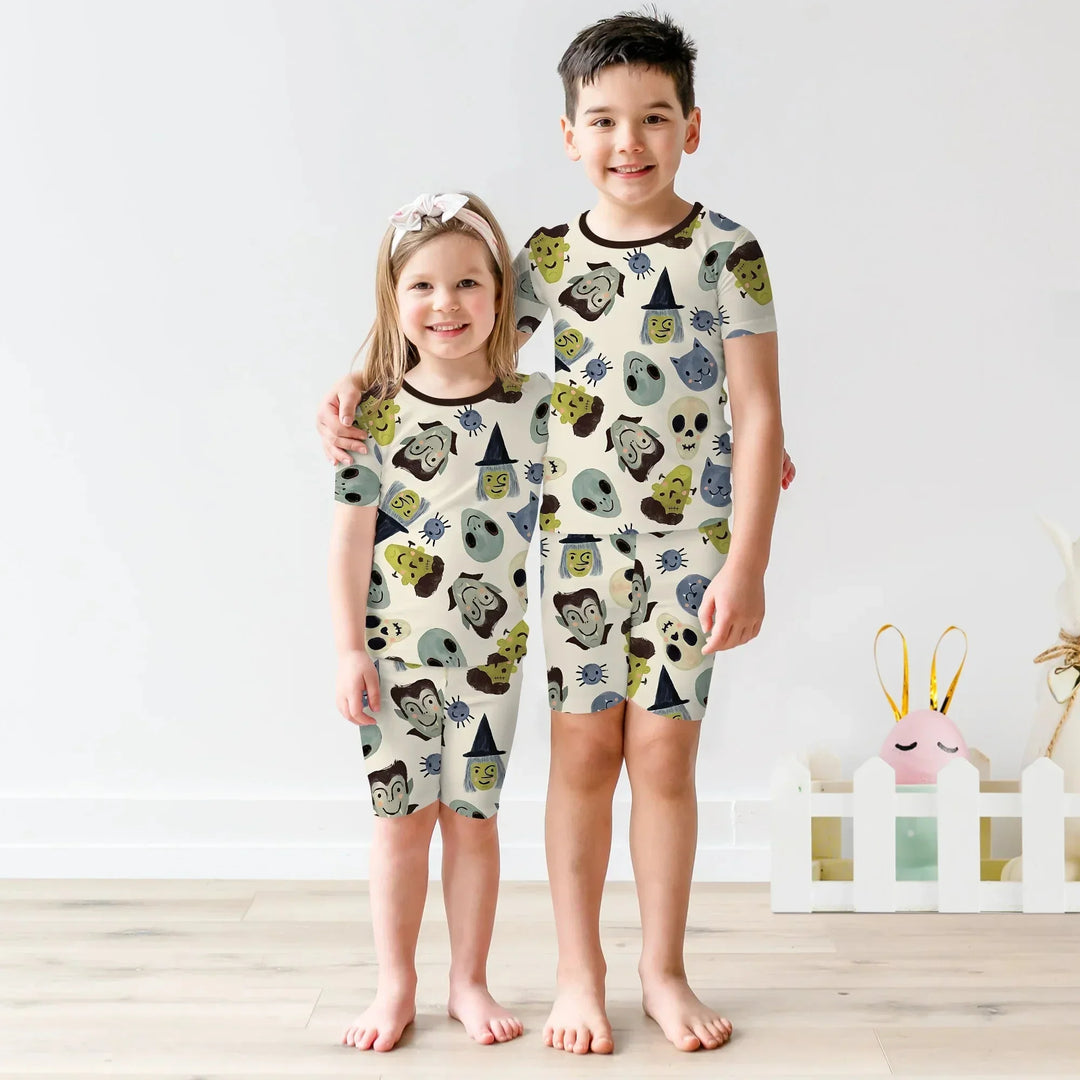 Halloween Face Two Piece Short Sleeve Shorts Pajama Set , Halloween Face Two Piece Short Sleeve Shorts Pajama Set - 12-18M
