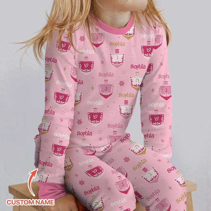 Hanukkah Dreidels Custom Name Two Piece Long Sleeve Pajama Set , Hanukkah Dreidels Custom Name Two Piece Long Sleeve Pajama Set - 12-18M
