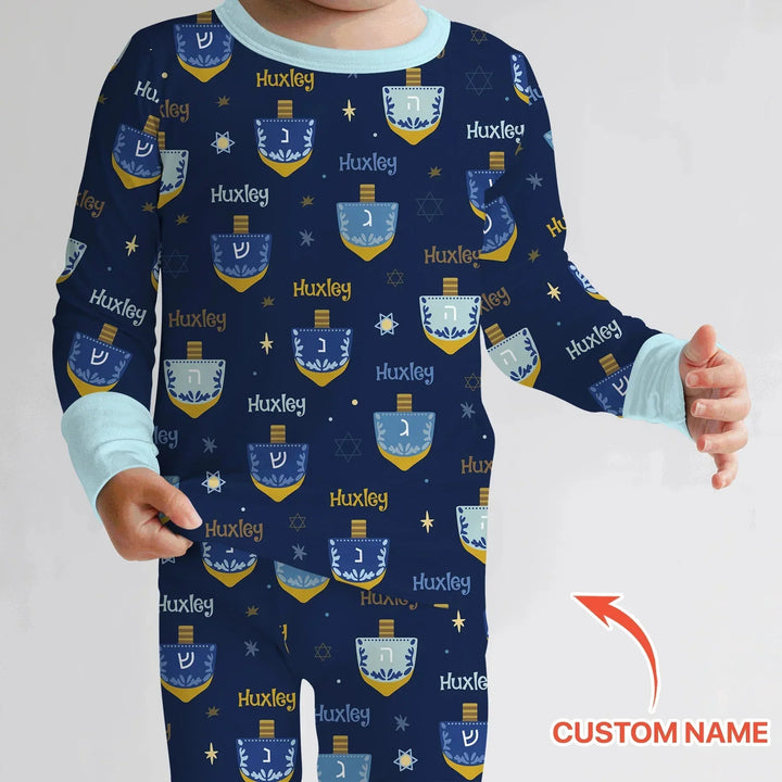 Hanukkah Dreidels Custom Name Two Piece Long Sleeve Pajama Set , Hanukkah Dreidels Custom Name Two Piece Long Sleeve Pajama Set - 12-18M