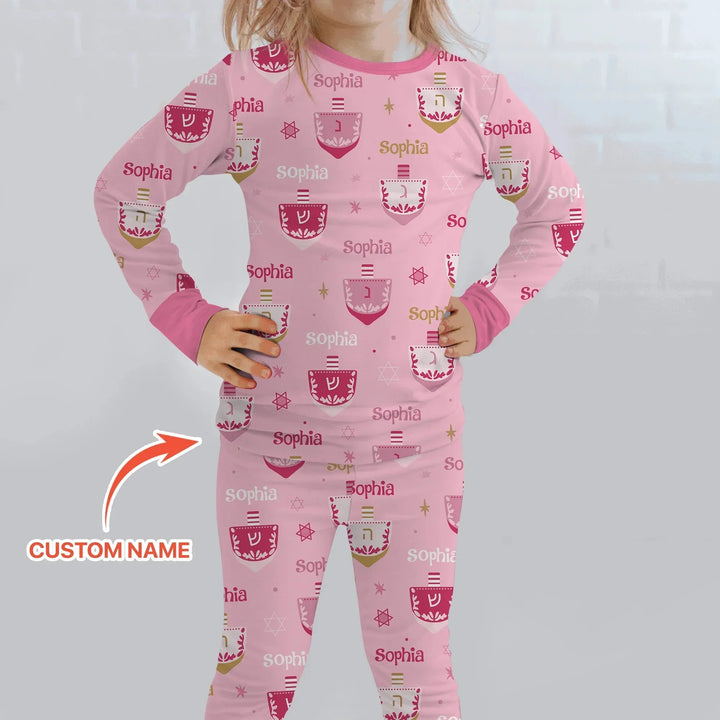 Hanukkah Dreidels Custom Name Two Piece Long Sleeve Pajama Set , Hanukkah Dreidels Custom Name Two Piece Long Sleeve Pajama Set - 12-18M