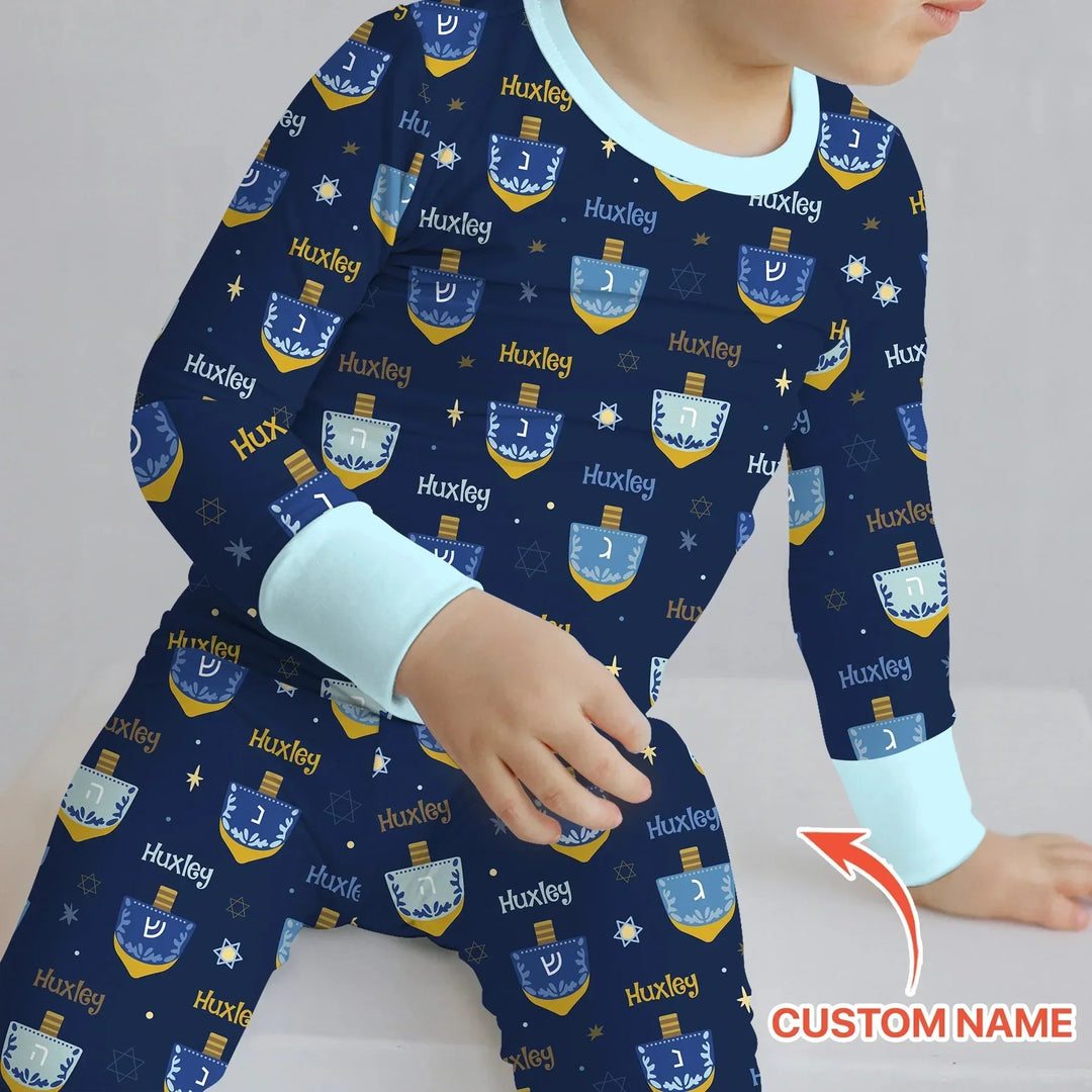 Hanukkah Dreidels Custom Name Two Piece Long Sleeve Pajama Set , Hanukkah Dreidels Custom Name Two Piece Long Sleeve Pajama Set - 12-18M
