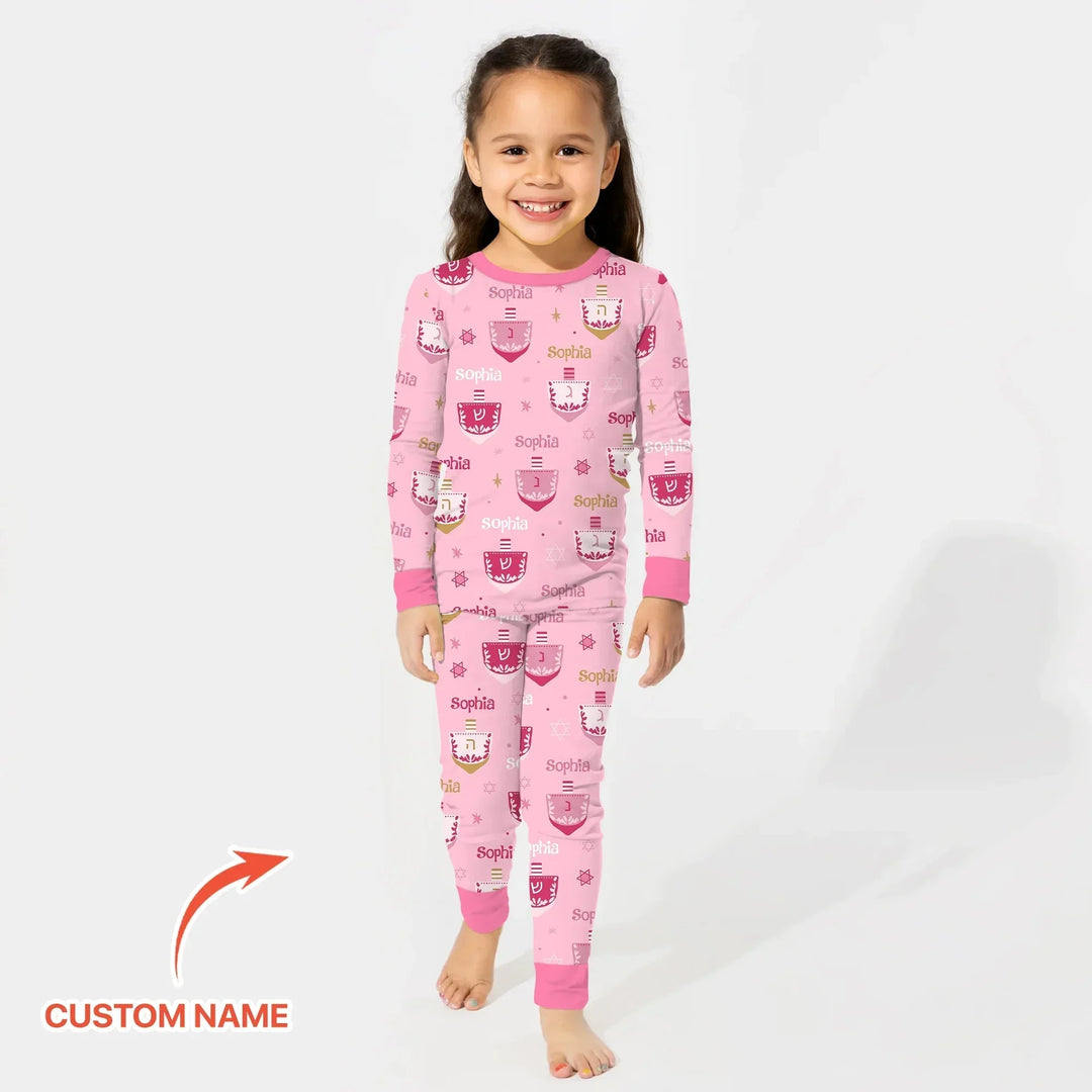 Hanukkah Dreidels Custom Name Two Piece Long Sleeve Pajama Set , Hanukkah Dreidels Custom Name Two Piece Long Sleeve Pajama Set - 12-18M