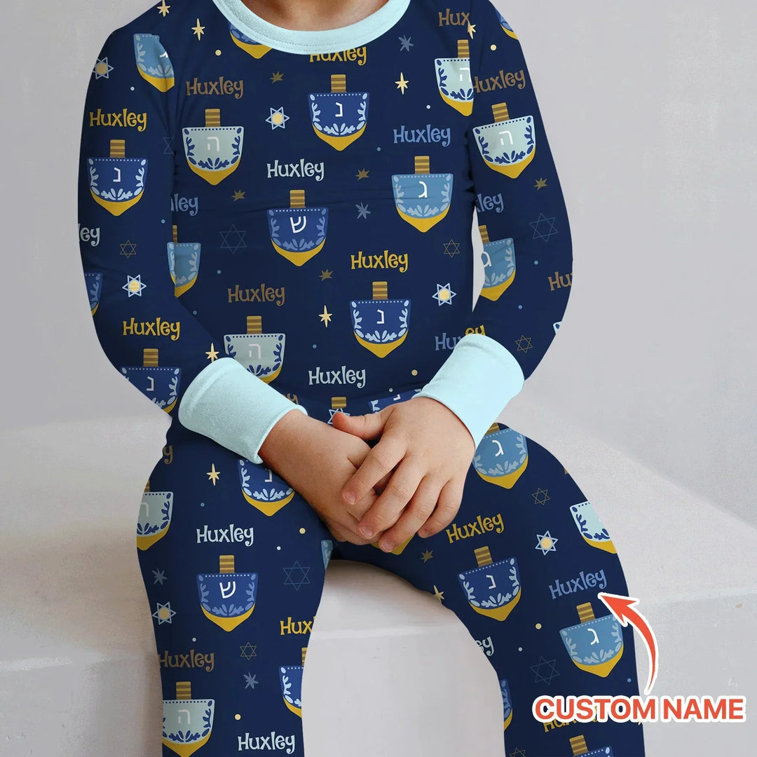Hanukkah Dreidels Custom Name Two Piece Long Sleeve Pajama Set , Hanukkah Dreidels Custom Name Two Piece Long Sleeve Pajama Set - 12-18M