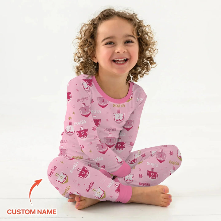 Hanukkah Dreidels Custom Name Two Piece Long Sleeve Pajama Set , Hanukkah Dreidels Custom Name Two Piece Long Sleeve Pajama Set - 12-18M