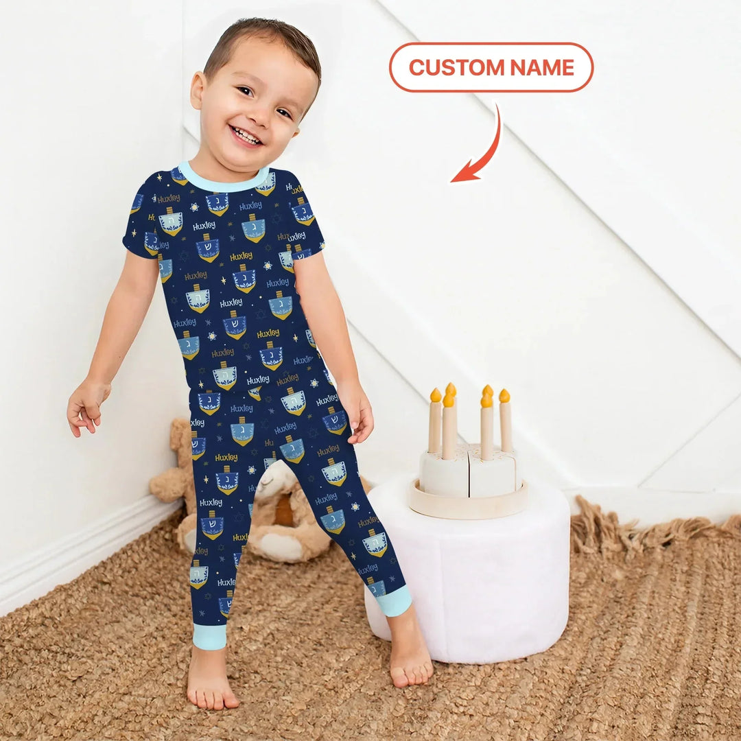 Hanukkah Dreidels Two Piece Short Sleeve Pajama Set , Hanukkah Dreidels Two Piece Short Sleeve Pajama Set - 12-18M